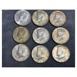 (9) Kennedy Half Dollars, Clad Composition, 40% Si
