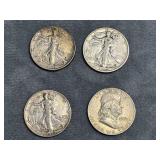 Four U.S. Half Dollar Coins: 1942, 1943, 1945-S Wa