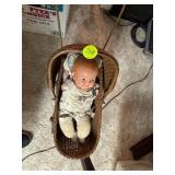 Wicker Baby Stroller with Porcelain Baby Doll