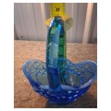 Fenton Blue Glass Basket with Embossed Pattern