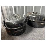 Two Black Speckled Enamelware Roasters with Lids