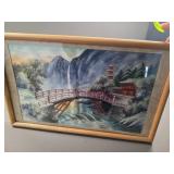 Framed Japanese Silk Embroidery Depicting Bridge a
