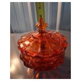 Three-Piece Glassware Set: Lidded Amber Candy Dish