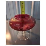 Pink Depression Glass Cake Plate and Two Glass Vas