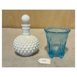 Blue Glass Spooner & Hobnail Perfume Bottle