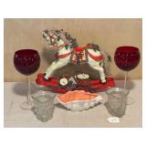 Red Glasses, Dish & Xmas Rocking Horse