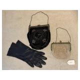 2 Victorian Beaded Purses & Ladies Leather Gloves