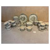 50 Pc Mid Century Currier & Ives Scio Green Dishes