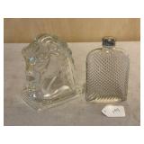 Glass Horse Head Bookend & Glass Flask