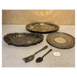 3 Silverplate Trays w/ Serving Spoon & Fork