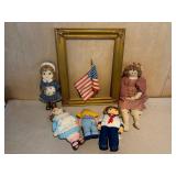 Cloth Dolls, Wooden Frame & Flag