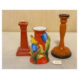 2 Colored Glass Candlesticks & Art Pottery Vase
