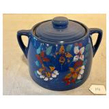 Unmarked Blue Cookie Jar w/ Painted Scene