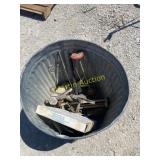 Metal Trash Can & Misc Caulk Guns & Band Saw Blade