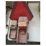 2 old steel truck toys, metal sign
