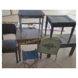 stack of small tables, chair, tv tray. fold stool