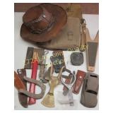 group of vintage items, hand made leather hat