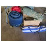 sleep bags, camping group, under table