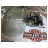 Harley sign, windshield, goggles, leather pouch
