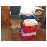 stack of totes and coolers, garage attic