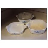 3 Older Corningware Dishes, one Lid