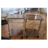 2 Small Brass/Glass Serving Trays on Wheels