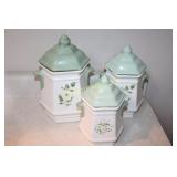 3 Piece Cannister Set, chip in Med Size one 3 Piece Cannister Set, chip in Med Size one