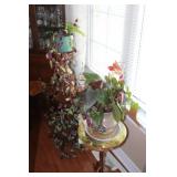 2 Wooden Plant Stands & Plants