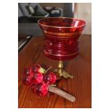 Vintage Red/Gold Glass Vase & Resin Red Grapes