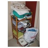 Rattan Shelf & Contents, pices of fabric