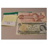 Canadian $1.00 & $2.00 Paper Notes 1973, 1986