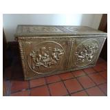 Antique Repousse Brass Clad Wooden Chest -