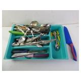 Lot of Misc. Kitchen Utensils & Flatware in Tray