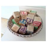 Lot of Childrens Wood Toy Blocks in Basket