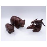 Lot of 3 Small Wood Animal Statues - Bears &