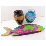 Lot of 3 Cultural Dï¿½cor Items - Vases & Wood Fish