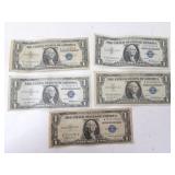 Lot of 5 U.S. $1 Blue Seal Silver Certificates