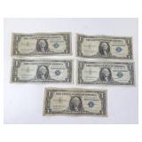 Lot of 5 U.S. $1 Blue Seal Silver Certificates