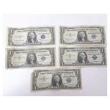 Lot of 5 U.S. $1 Blue Seal Silver Certificates