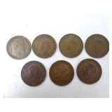 Lot of 7 British Large Size Penny Coins - Mostly