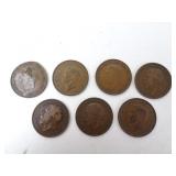 Lot of 7 British Large Size Penny Coins - Mostly