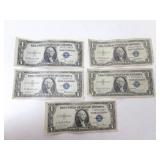 Lot of 5 U.S. $1 Blue Seal Silver Certificates