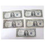 Lot of 5 U.S. $1 Blue Seal Silver Certificates