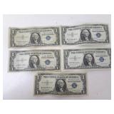 Lot of 5 U.S. $1 Blue Seal Silver Certificates