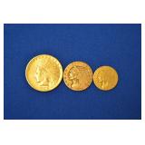 US Indian gold pieces $10, $5, $2.5