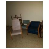 Group of 3 chairs. Tan, blue and green.