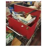 Tall toolbox and a flat of assorted tools,