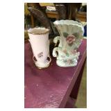 2 vases. Pink marked lefton, swans marked bone