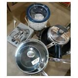 Group of Kitchen Supplies, Pots,  Pans, Lids,