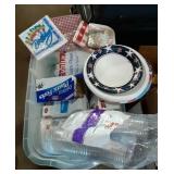Large Clear Tote with Lid Full of Paper Plates,